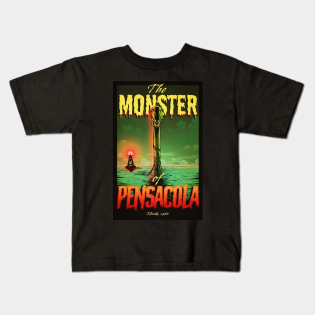 The Pensacola Sea Monster Kids T-Shirt by simonturnerart